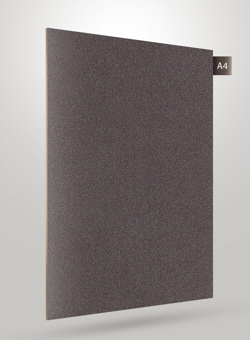 Grey patterned laminate sheet with textured finish and subtle sheen, displayed at an angle with code label.