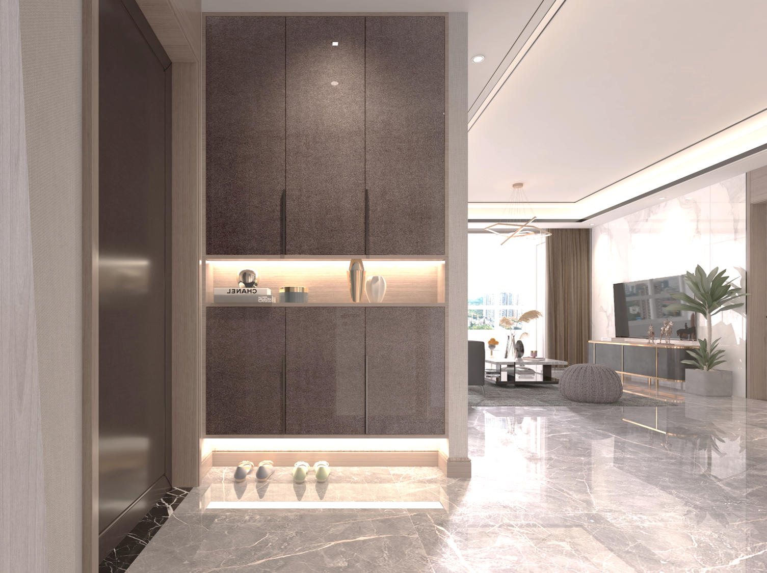 Grey patterned laminate with high gloss finish on wall in modern interior space with marble floor and lit shelves
