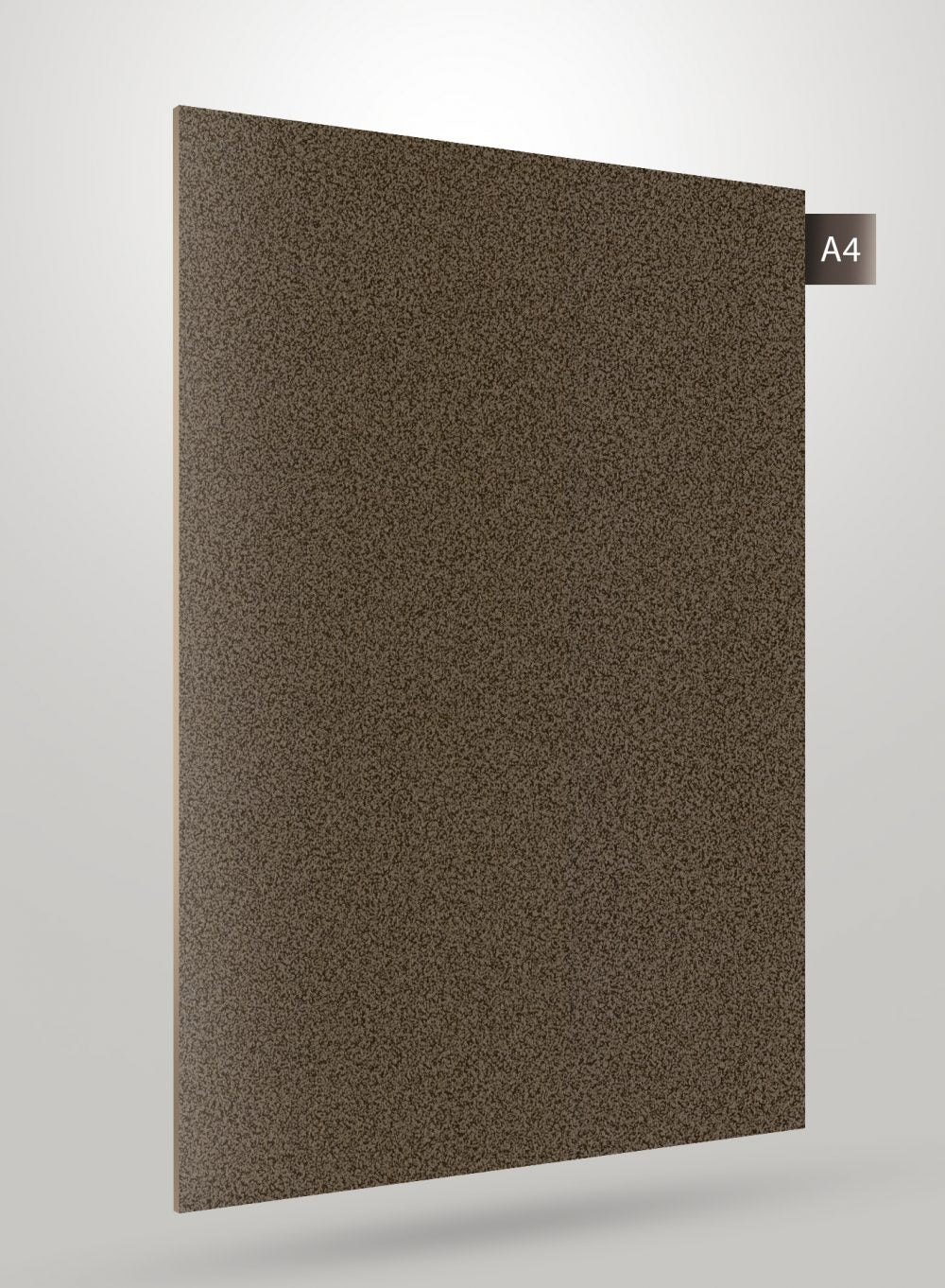 Grey patterned laminate sheet with speckled texture and high gloss finish, decorative laminate sample with code A4 visible.