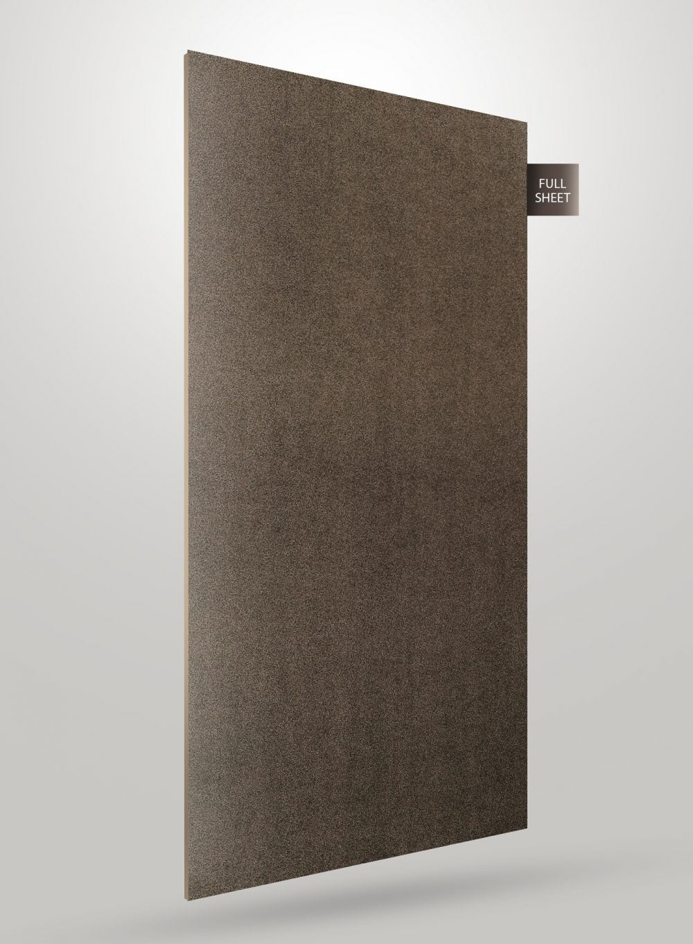 Grey patterned laminate sheet with high gloss finish and textured surface displayed at an angle with full sheet label.