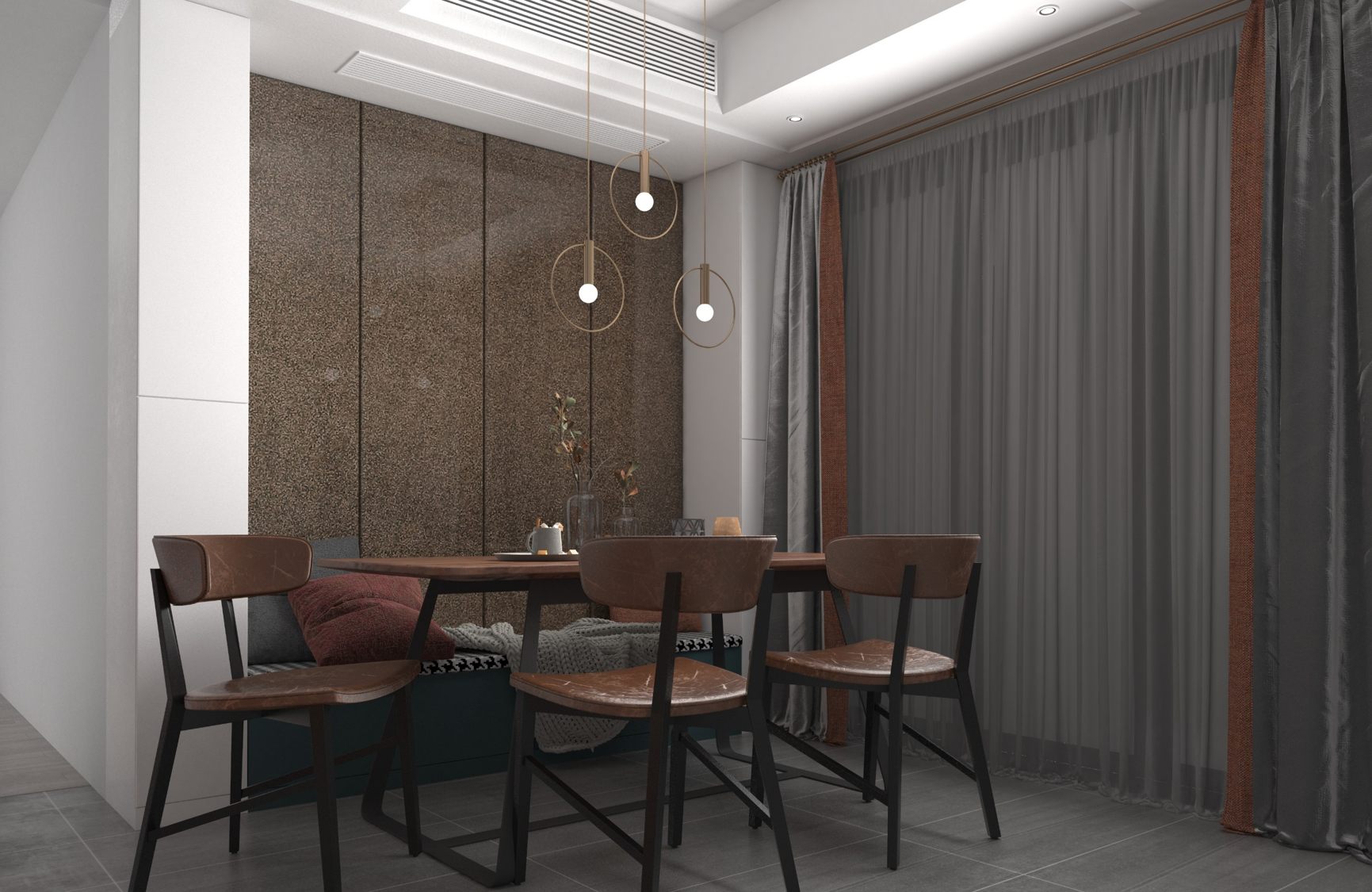 Grey patterned laminate wall in modern dining room with wooden chairs and pendant lights, showing high gloss finish.