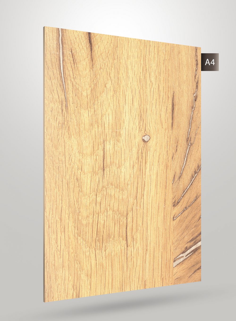 Brown wood grain decorative laminate with high gloss finish and visible texture and knots on its surface.