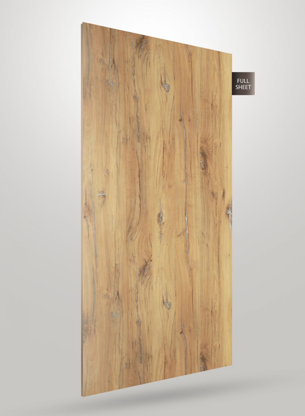 Brown wood grain decorative laminate with high gloss finish and visible wood texture and knots on full sheet surface.