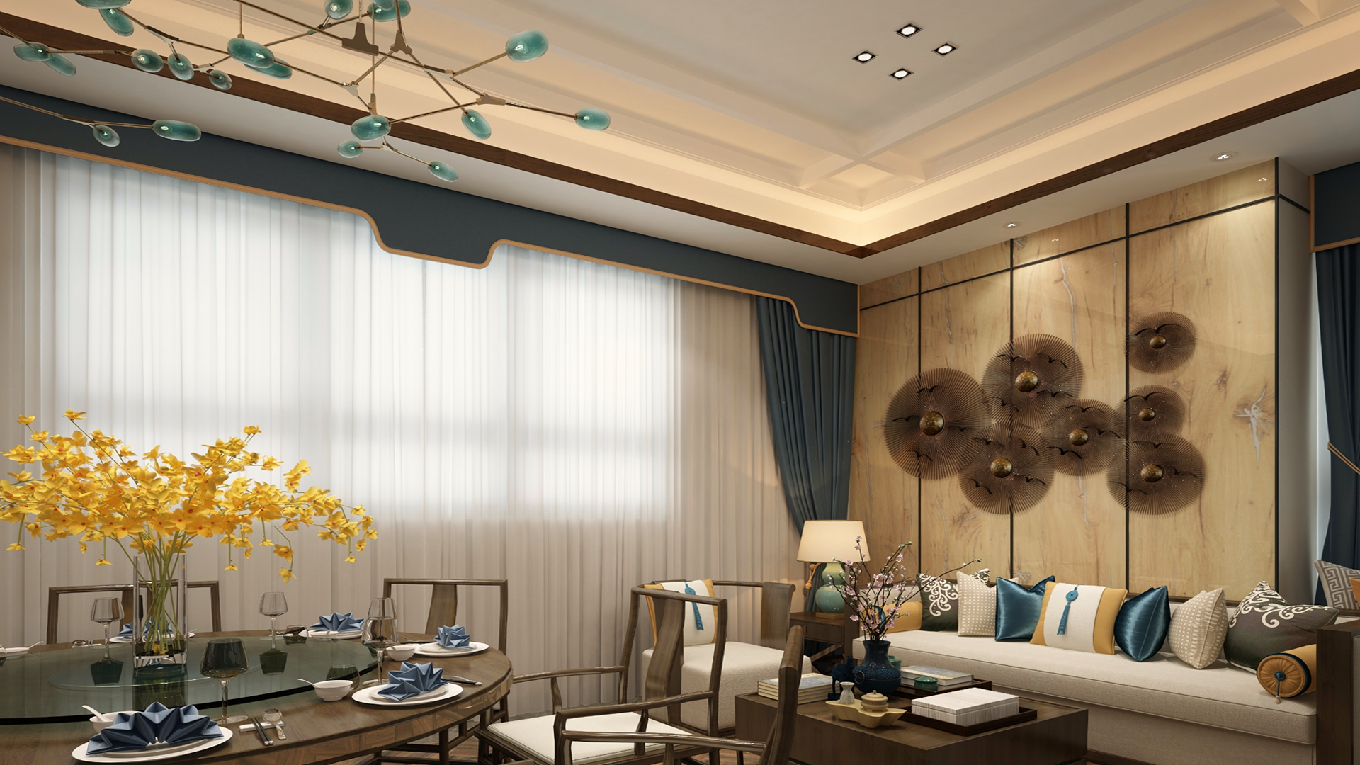 Brown wood laminate wall panels with glossy finish and wood grain texture in modern living room interior