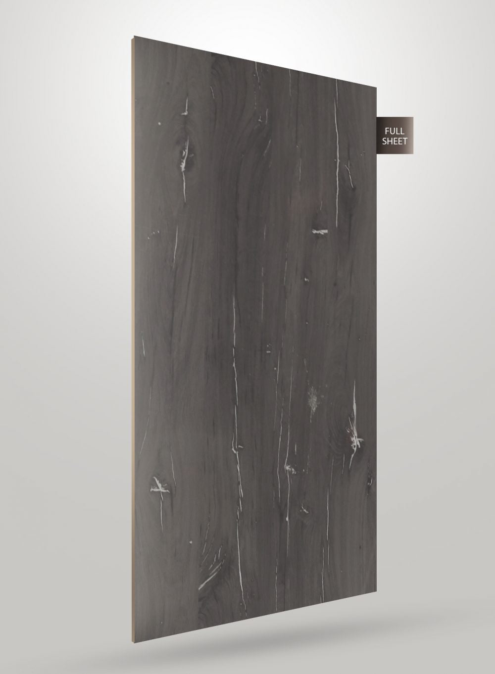 Grey wood laminate sheet with white streaks and glossy finish, showing wood grain texture and full sheet label.