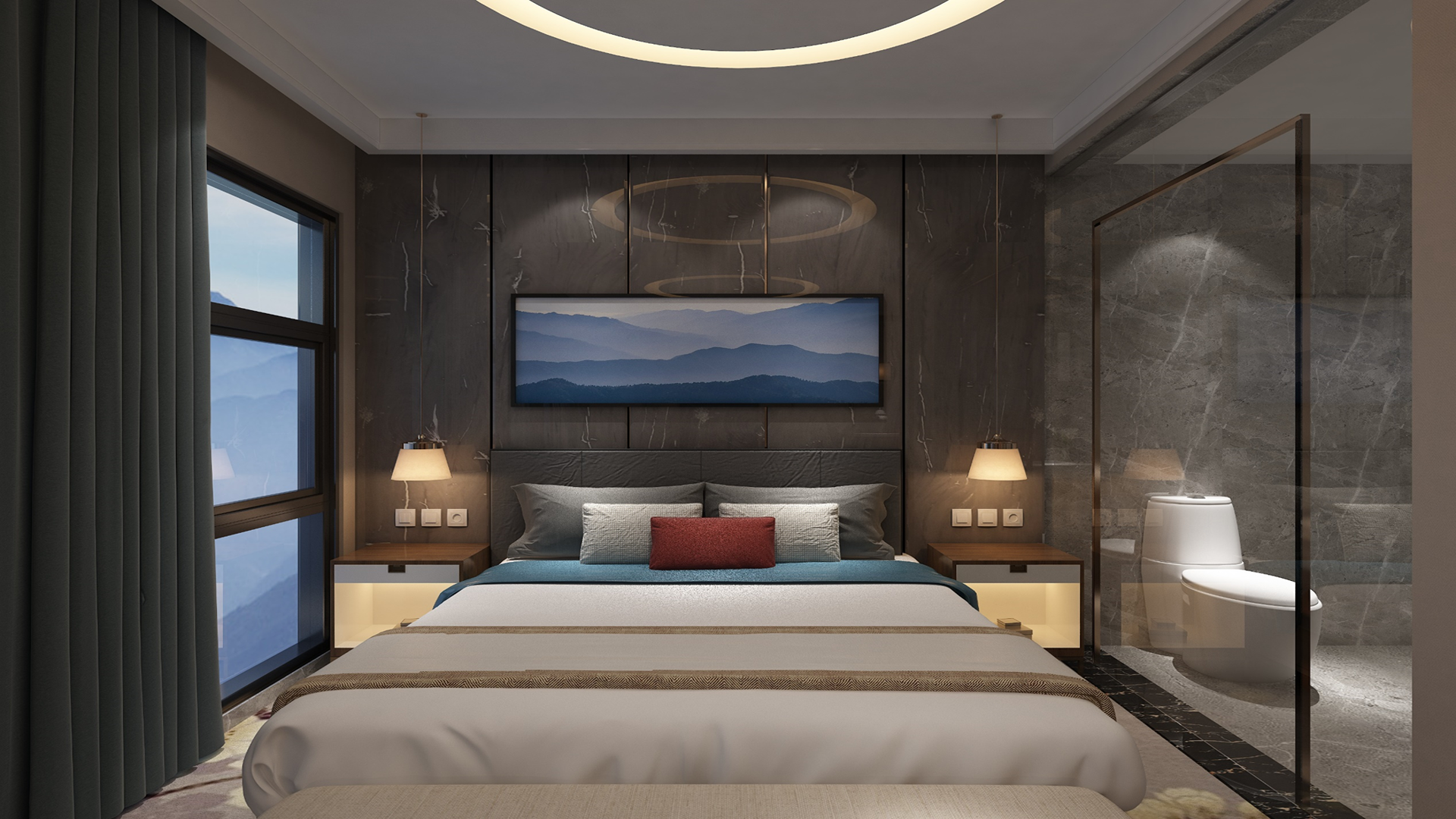 Grey wood laminate with high gloss finish and wood grain texture used on bedroom wall and bathroom partition.