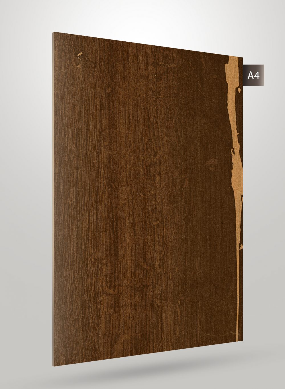 Brown wood grain decorative laminate with high gloss finish and visible texture and grain pattern on its surface.