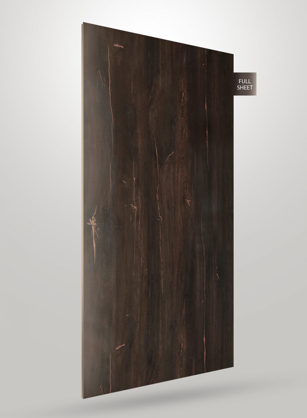Dark brown wood grain laminate sheet with glossy finish and visible texture and grain pattern, labeled full sheet.