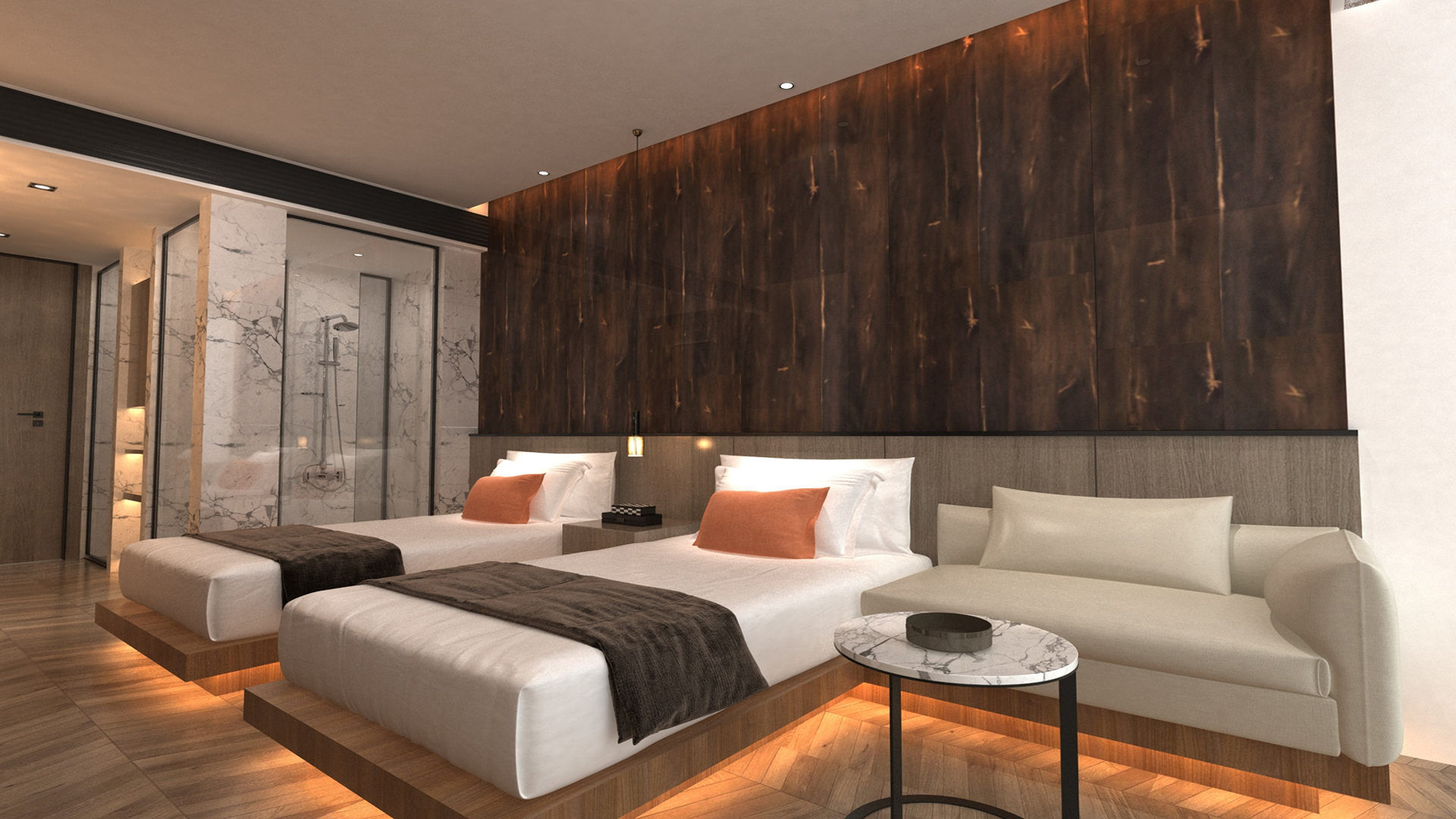 Brown wood laminate wall panel with glossy finish and wood grain texture in modern hotel room interior design setting