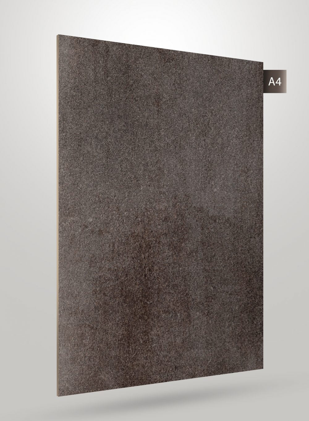 Grey stone laminate sheet with glossy finish and subtle texture, displayed at an angle with a label.