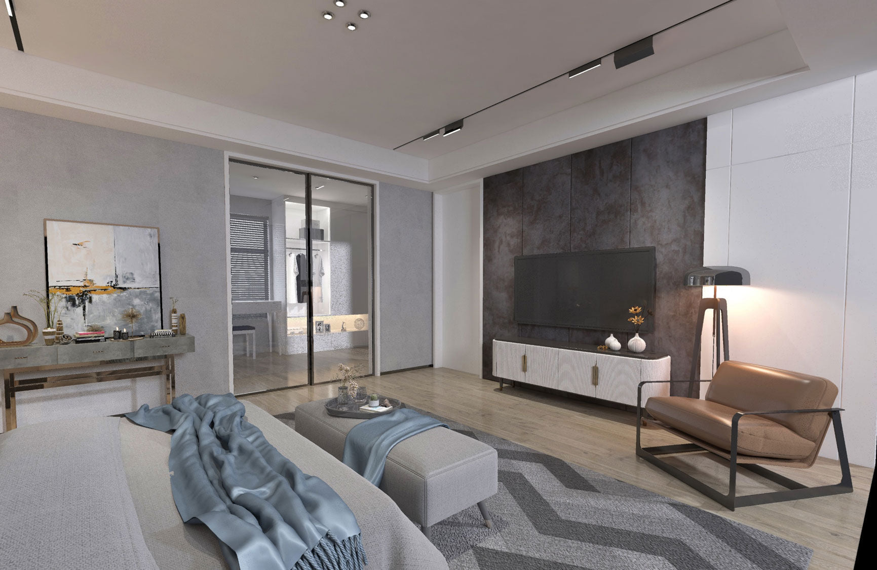 Grey marble laminate wall in modern living room with TV unit and minimalist decor