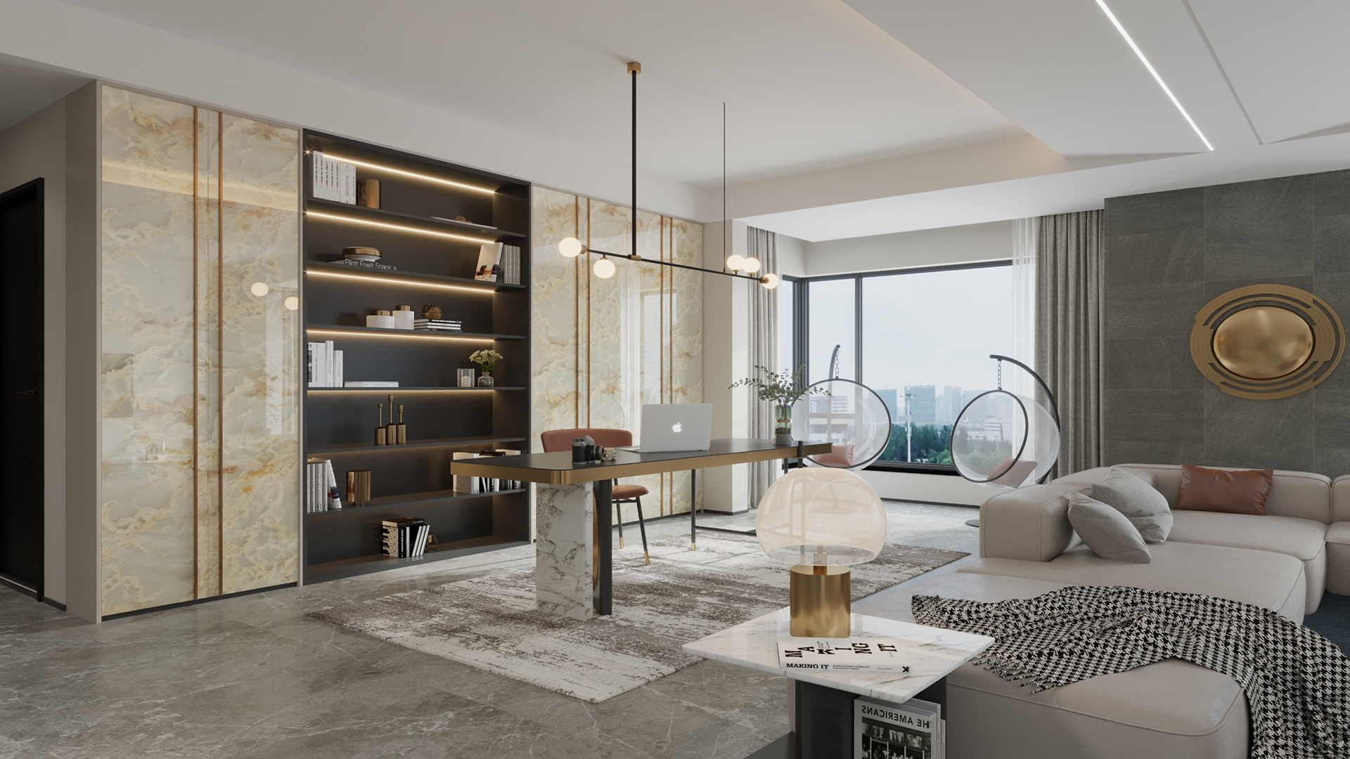 Multi-colour marble laminate wall with gold veining in modern living room with minimalist decor and large window.