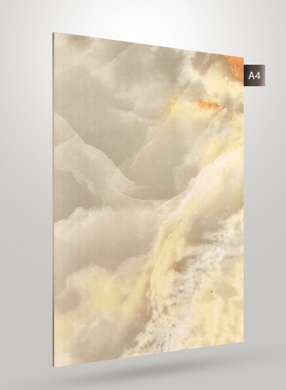 Multi-coloured marble laminate with matte finish and cloudy pattern, showing beige and orange hues with soft texture.