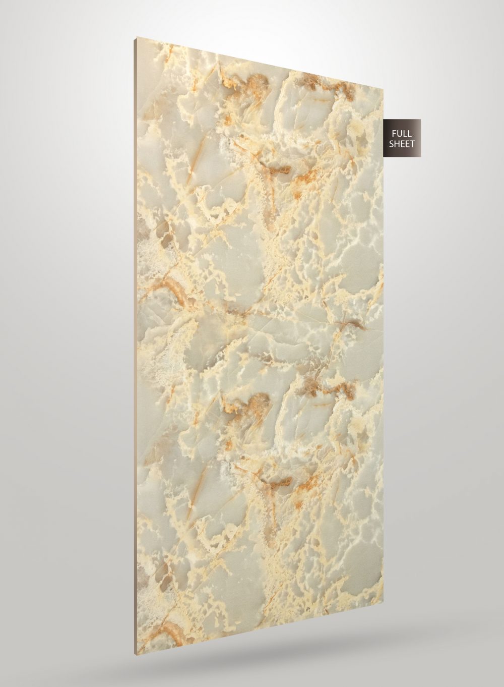 Matte marble laminate sheet with beige and gold veining on white background, showing texture and full sheet size.