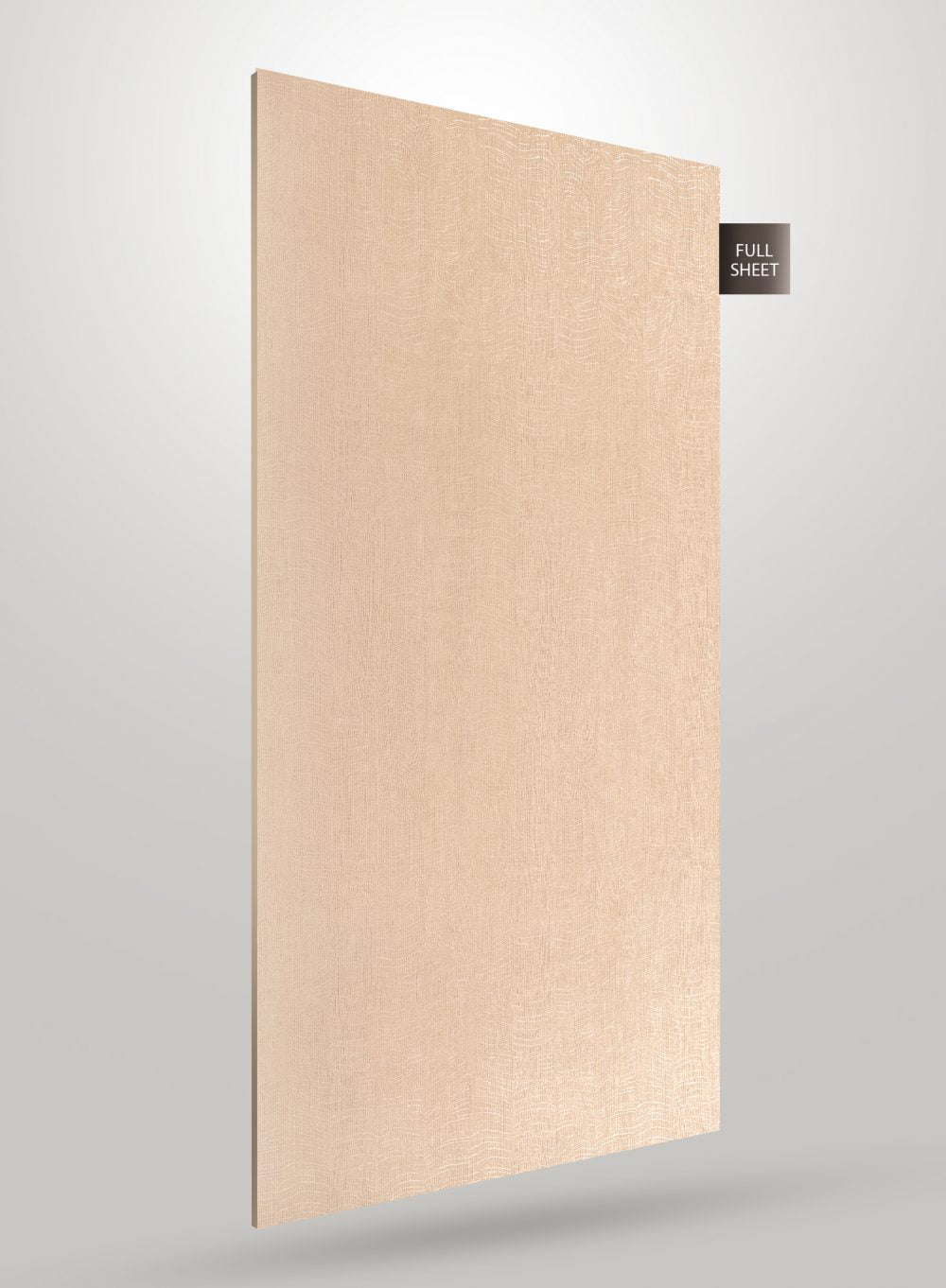 Beige wood laminate sheet with matte finish and textured pattern, labeled full sheet, displayed against a gray background.