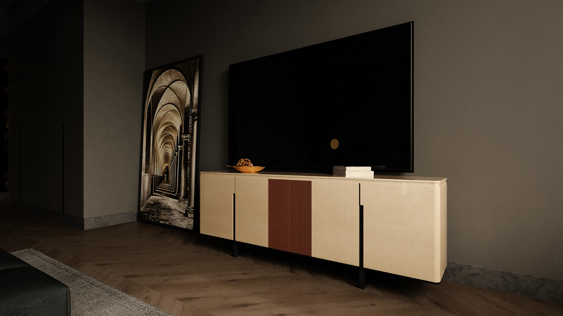 Beige wood laminate tv cabinet with matte finish and wood grain texture in a modern living room setting