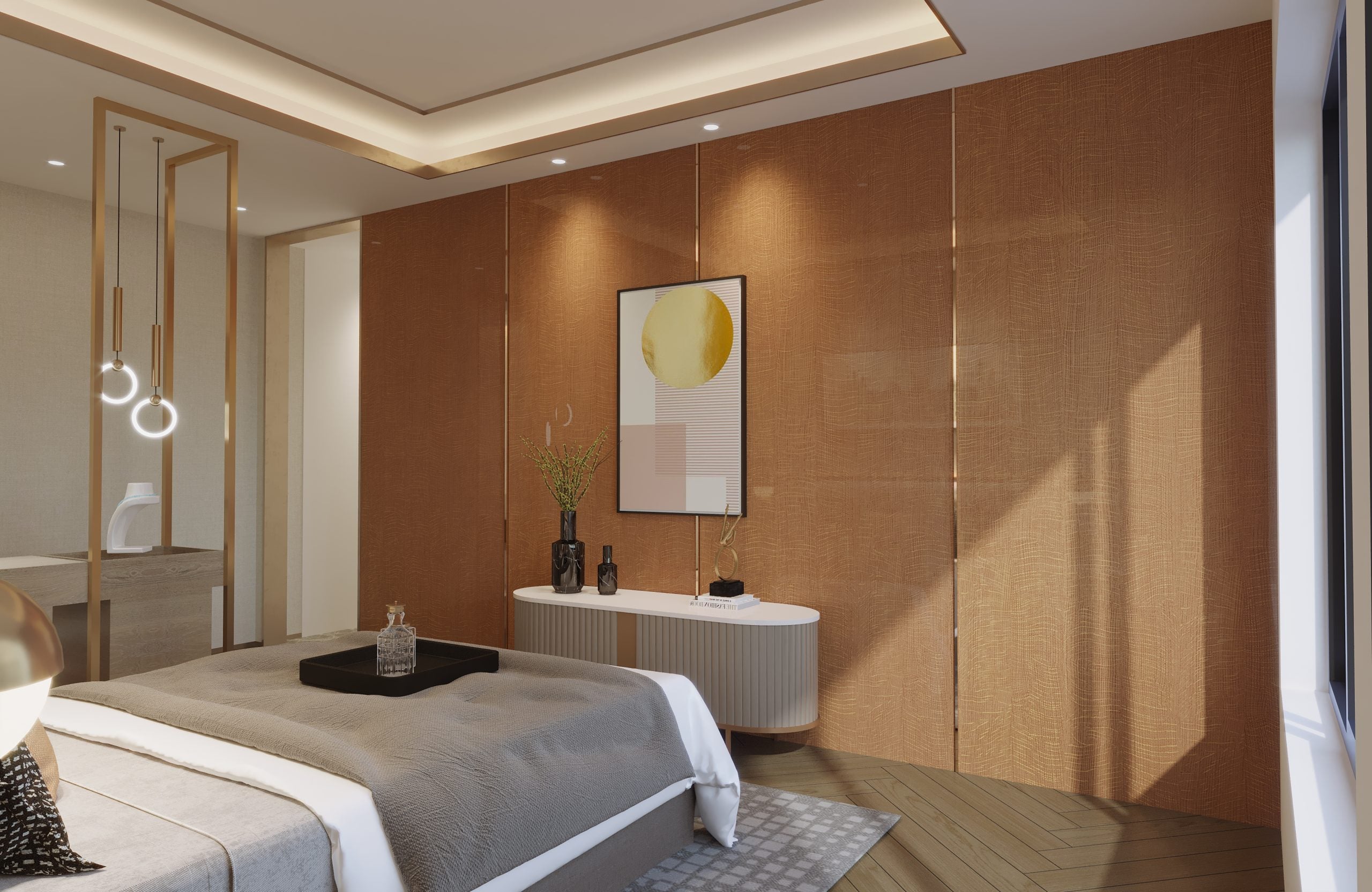 Brown wood laminate wall panels with textured finish in a modern bedroom setting with minimalist decor and soft lighting.