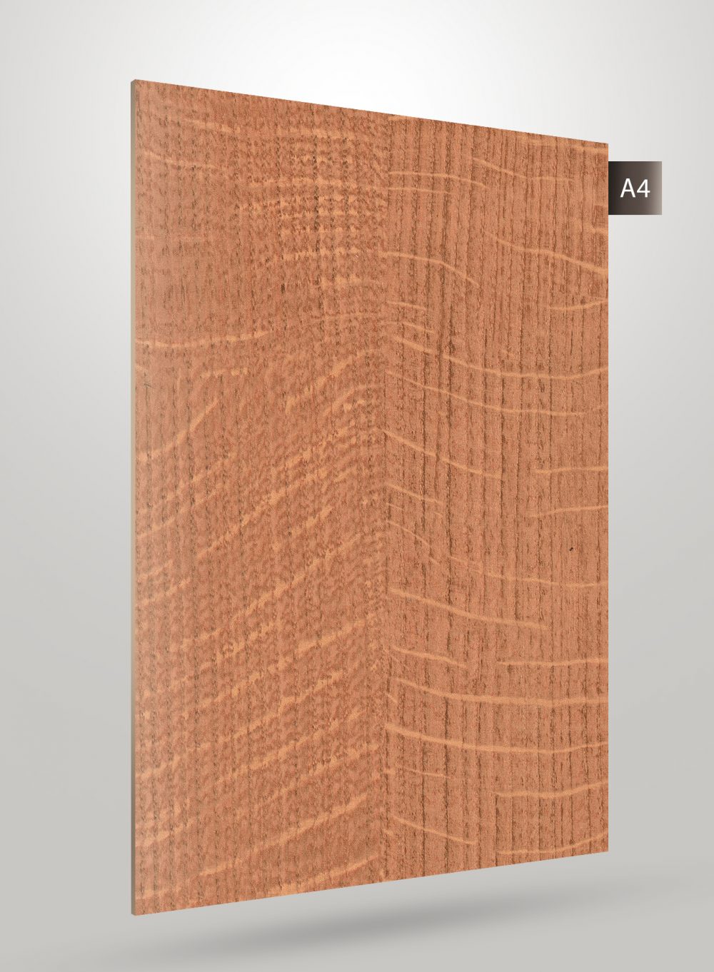 Brown wood grain decorative laminate with matte finish and visible texture and grain pattern on a light gray background
