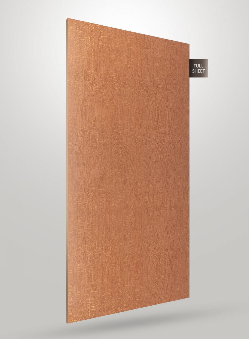 Brown wood grain decorative laminate with matte finish and textured pattern, shown as a full sheet.