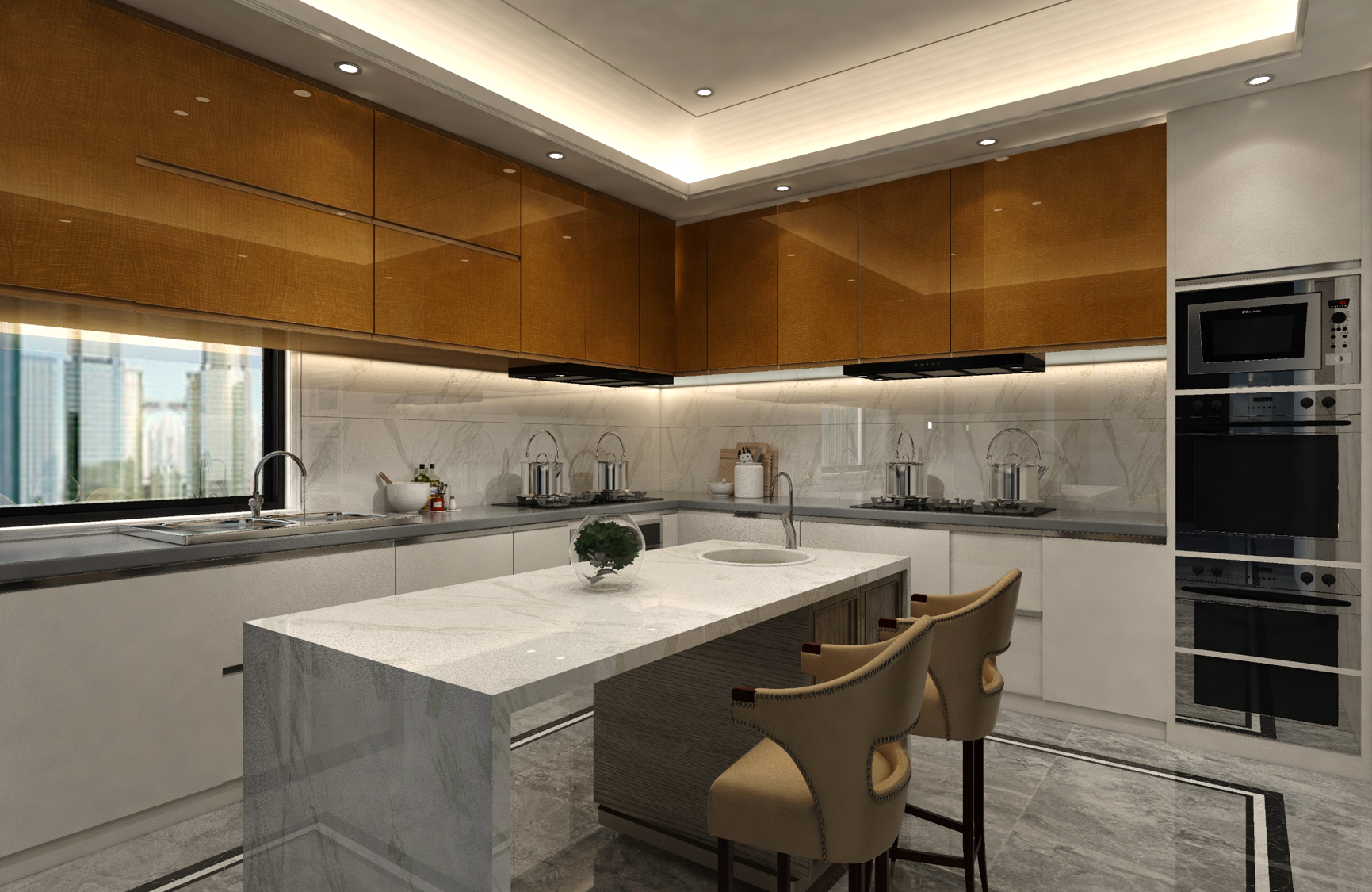 Wooden laminate kitchen cabinets with glossy finish and wood grain texture in modern kitchen interior design setting.