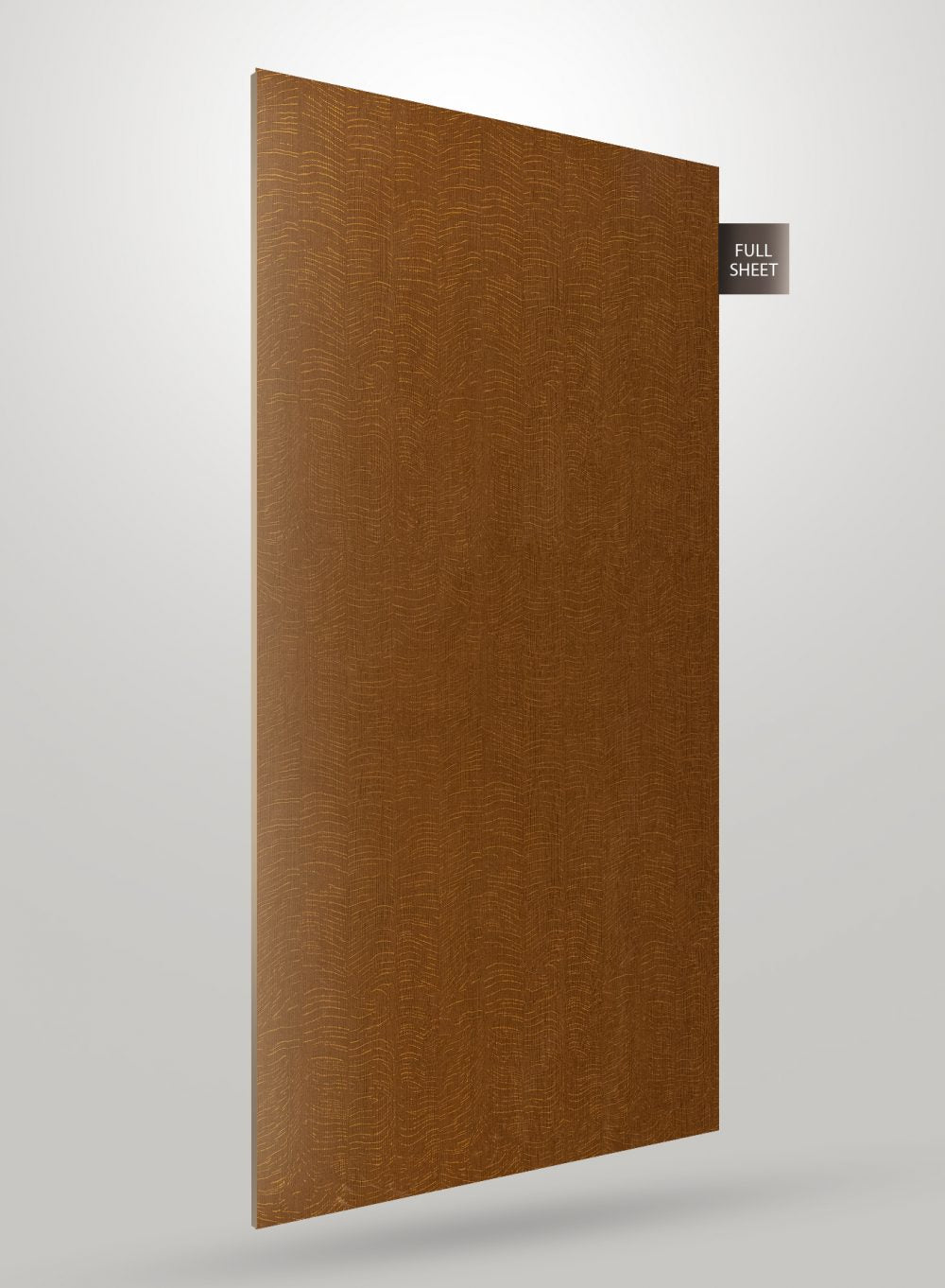 Brown wood grain decorative laminate sheet with matte finish and textured pattern, shown as full sheet.
