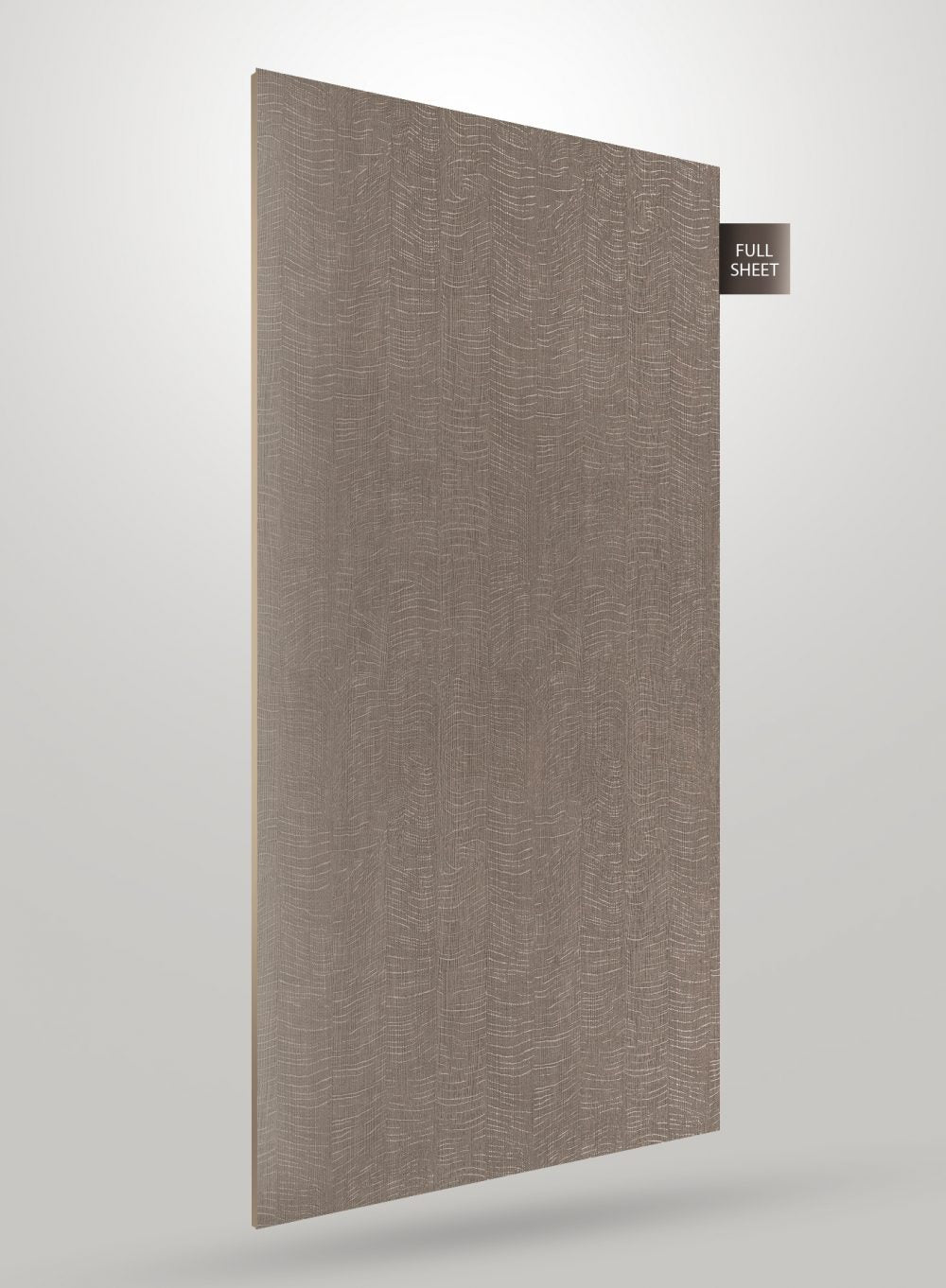 Brown wood grain decorative laminate with matte finish and textured pattern, showing full sheet view with subtle embossing.