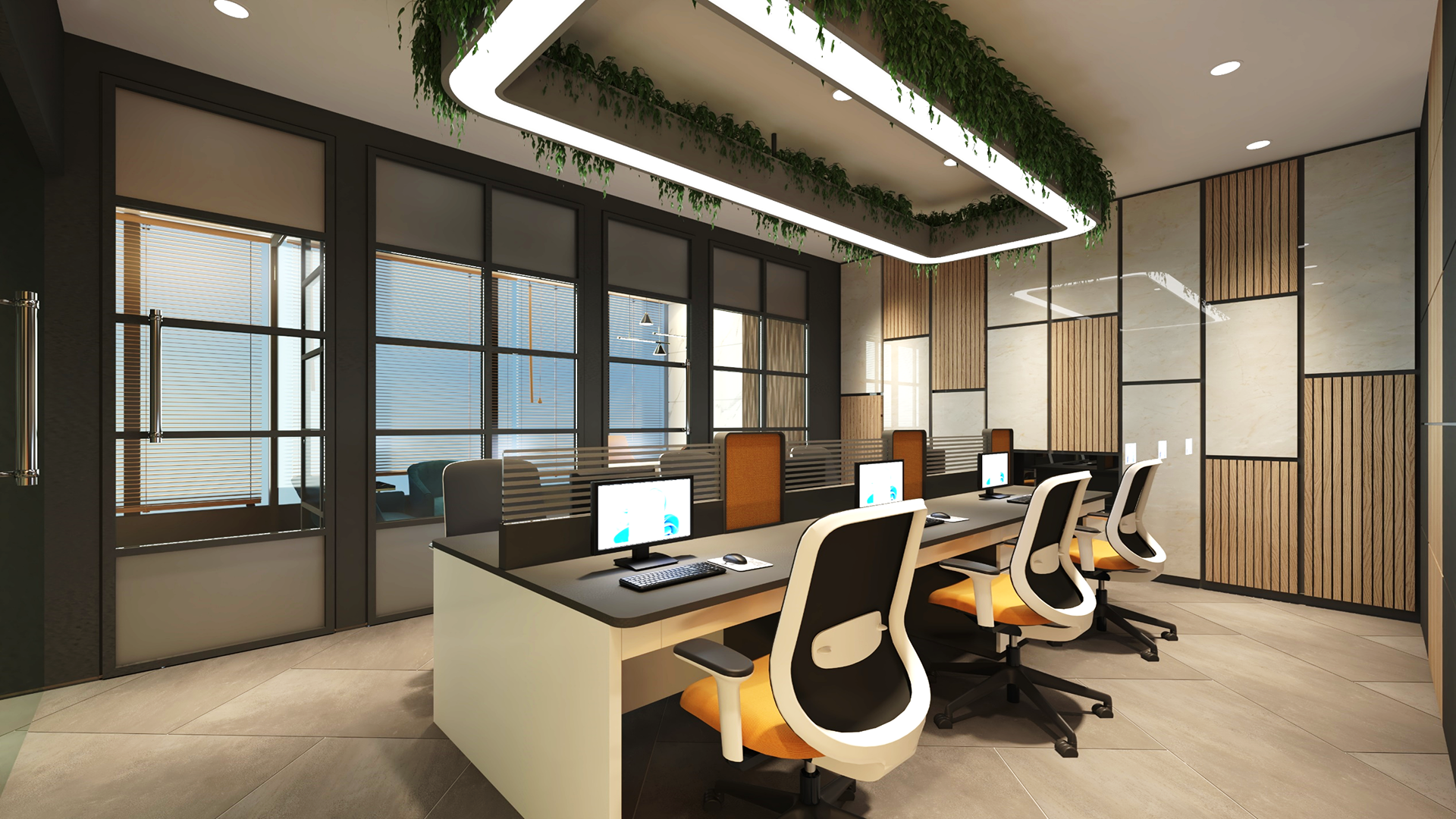 Marble laminate wall and wooden slats in modern office with sleek desks and ergonomic chairs under green foliage lighting.