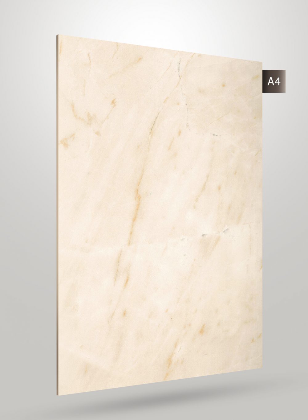 Beige marble laminate sheet with subtle veining and matte finish, displayed at an angle with a label A4.