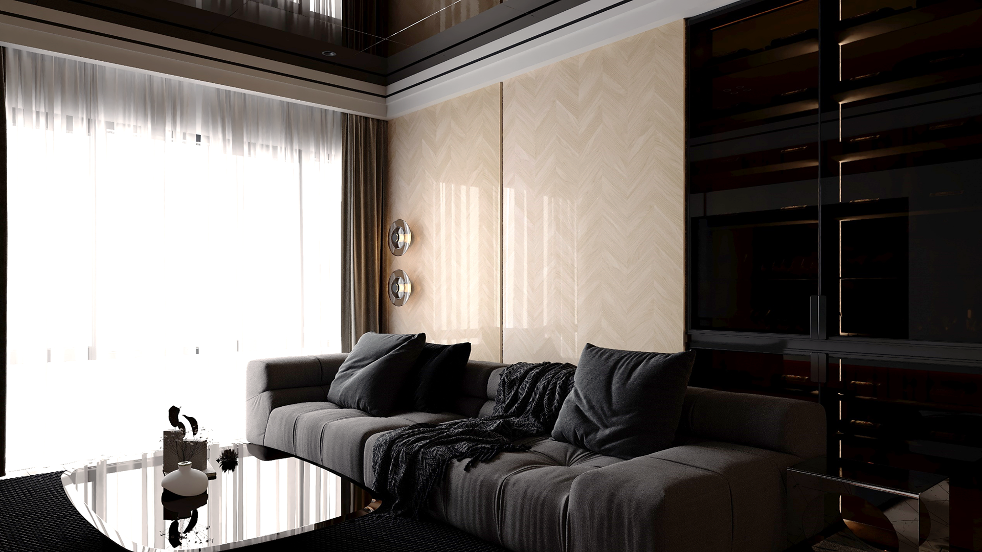 Multi-coloured patterned laminate with matte finish on wall in modern living room with grey sofa and dark wood accents