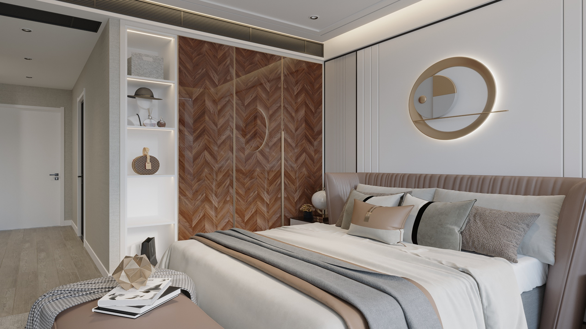 Multi-colour patterned laminate with matte finish in herringbone design on bedroom wall, showcasing textured surface and