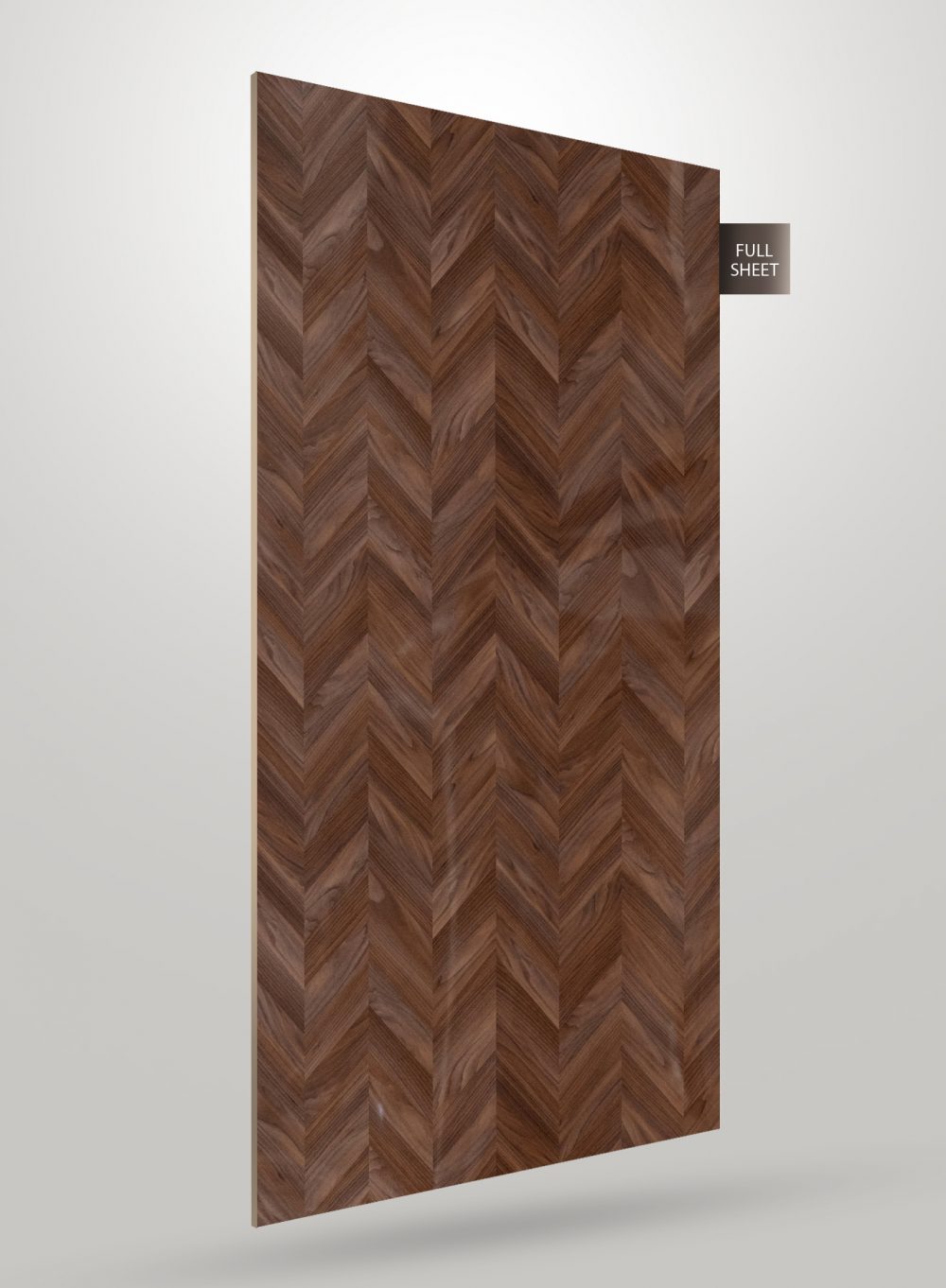 Brown herringbone patterned laminate sheet with matte finish and wood grain texture displayed on a plain background.