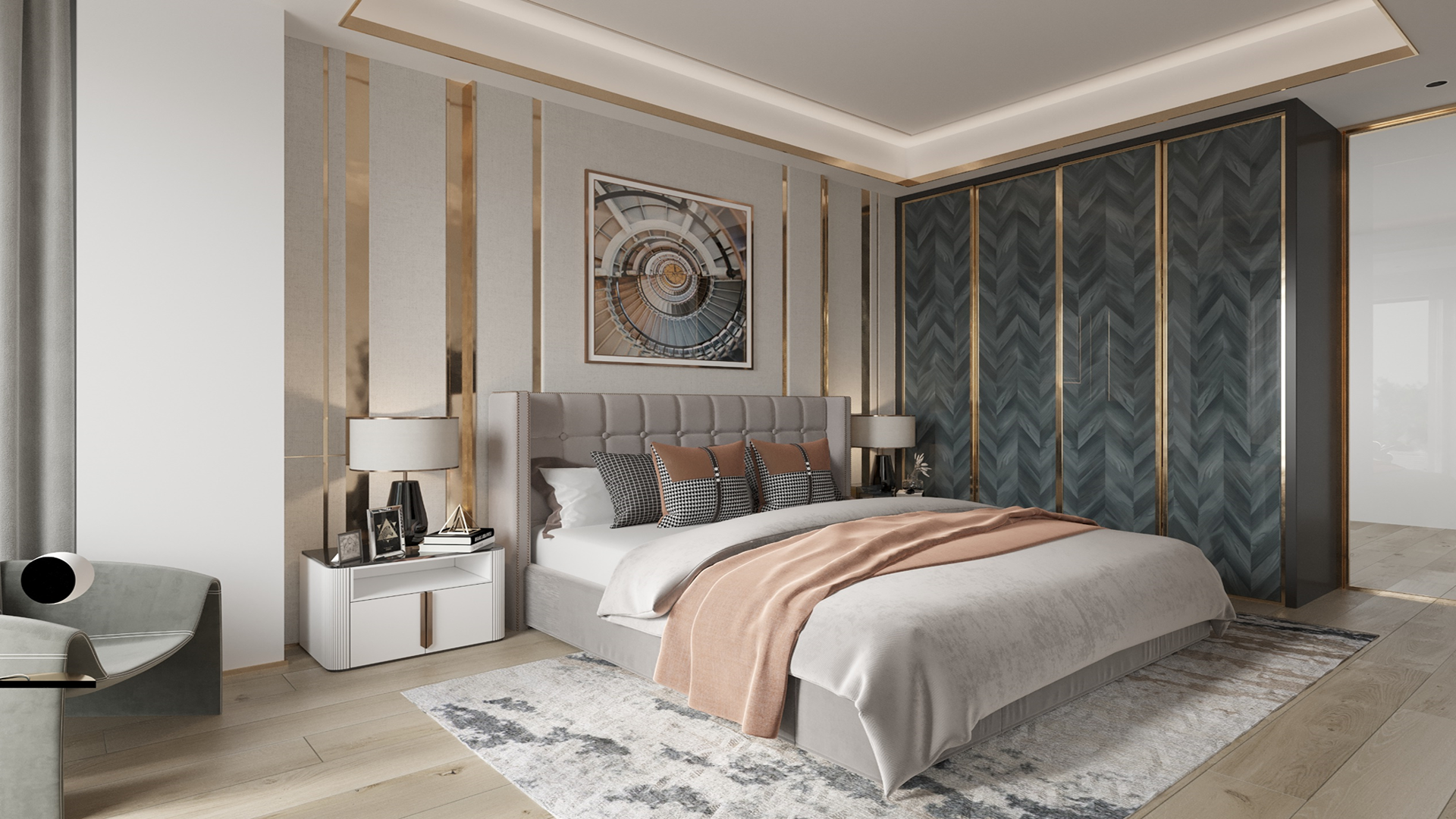 Multi-colour patterned laminate with matte finish used on bedroom wall featuring chevron design and gold accents.