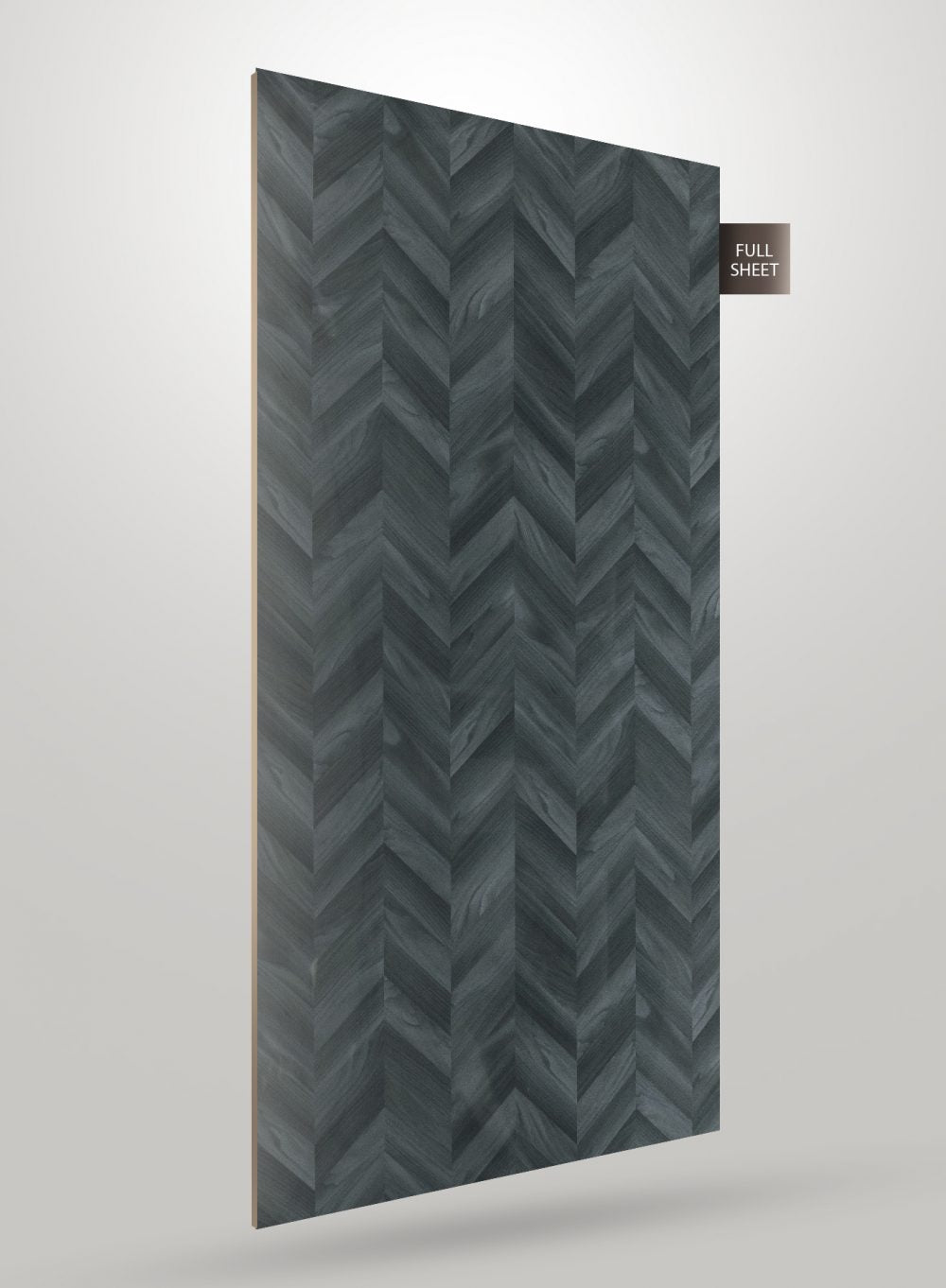 Dark grey patterned laminate with herringbone design and matte finish, showing wood grain texture and full sheet label.