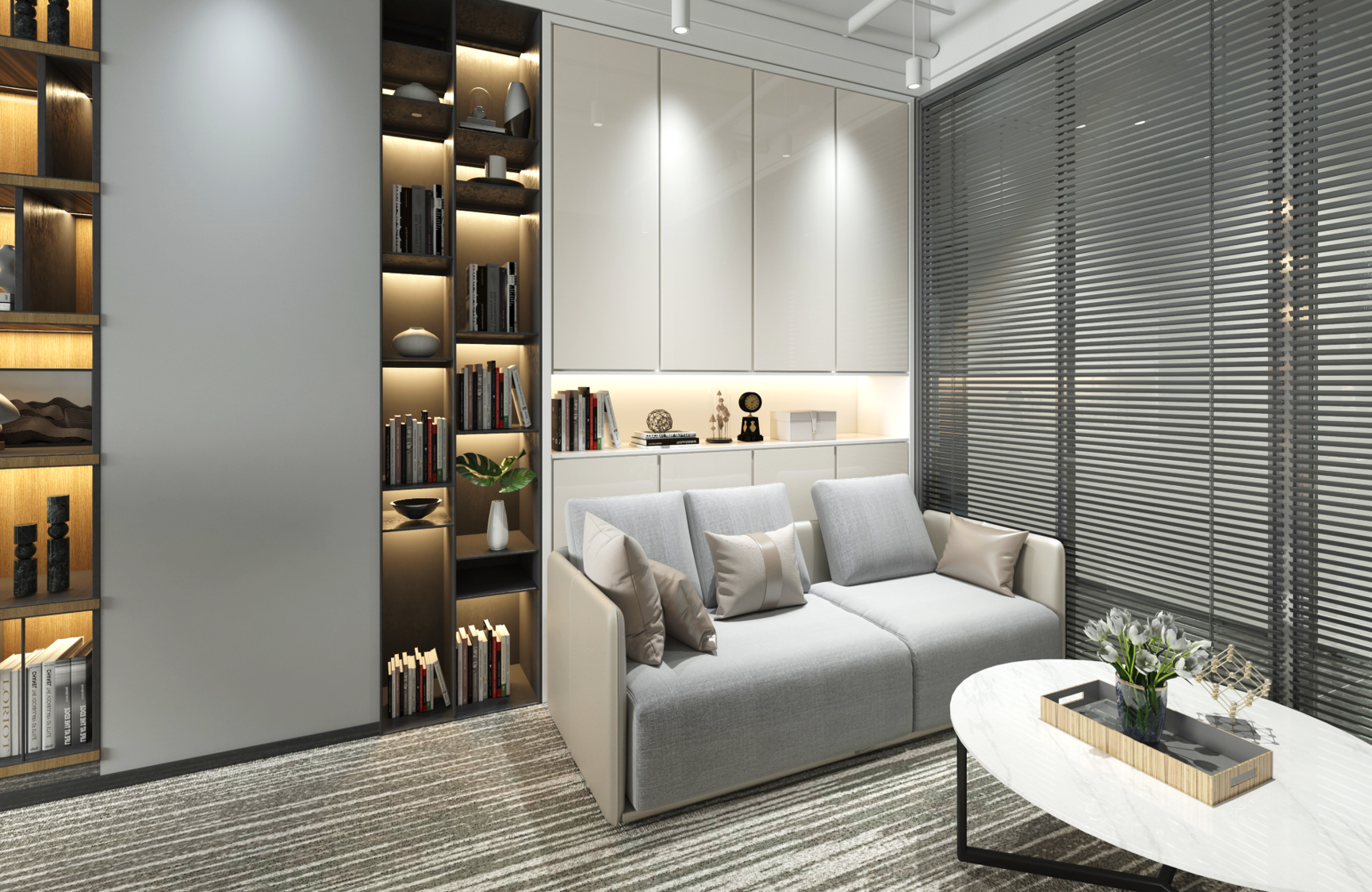 Multi-coloured patterned laminate with high gloss finish used on wall panels and shelving units in modern living room setting