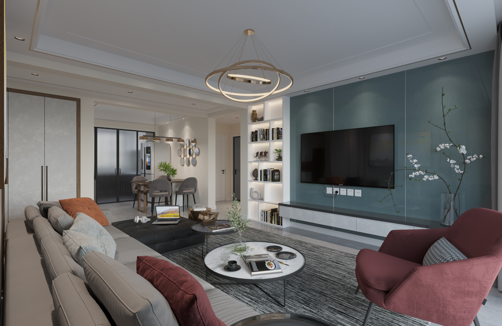 Grey laminate wall with high gloss finish in modern living room with furniture and decorative elements.