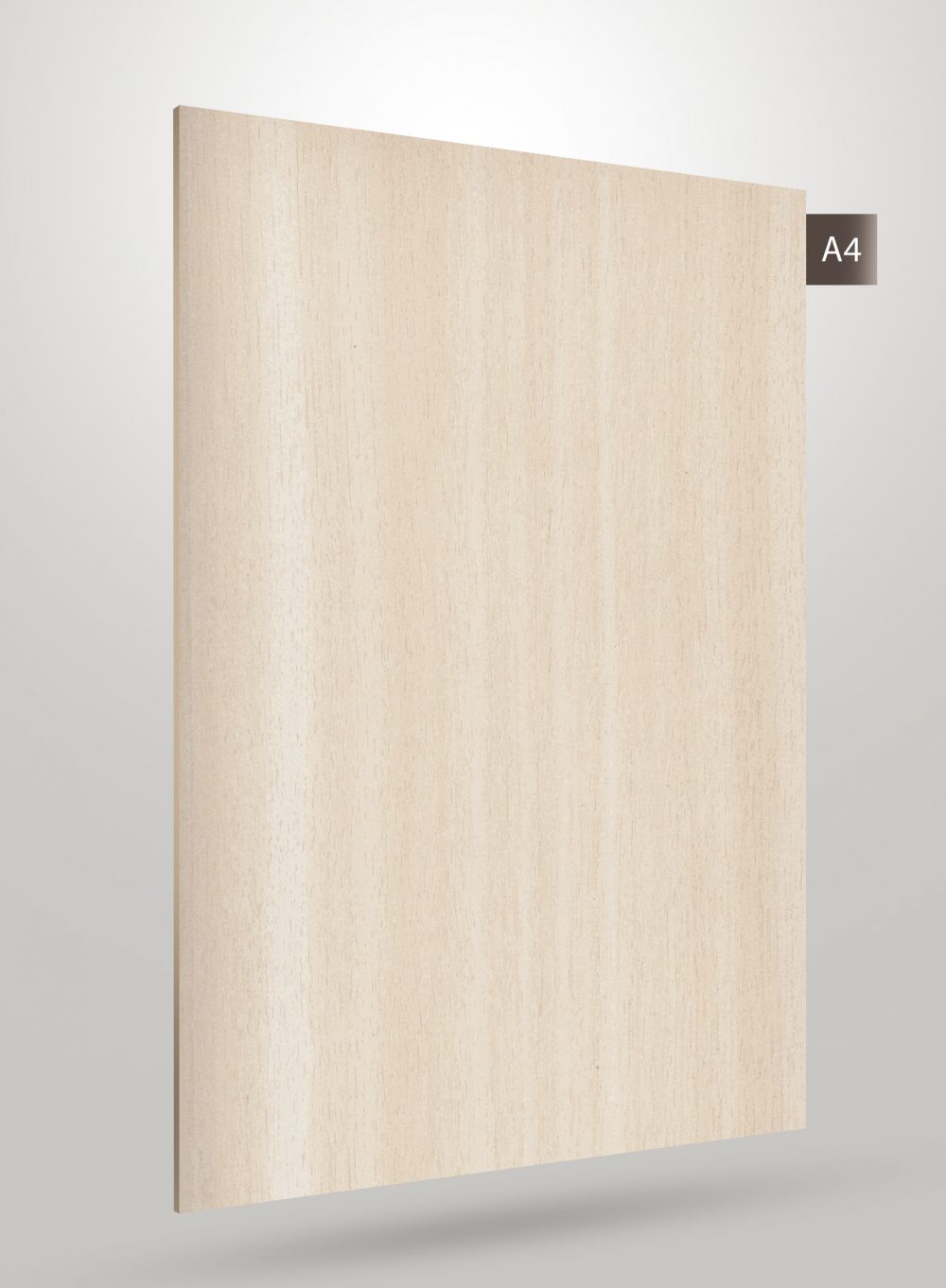 Beige wood grain decorative laminate with glossy finish and vertical wood pattern texture on a square sheet.