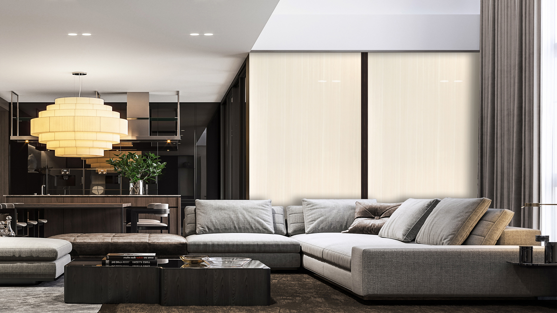 Beige wood grain decorative laminate wall with high gloss finish in modern living room with gray furniture and dark accents