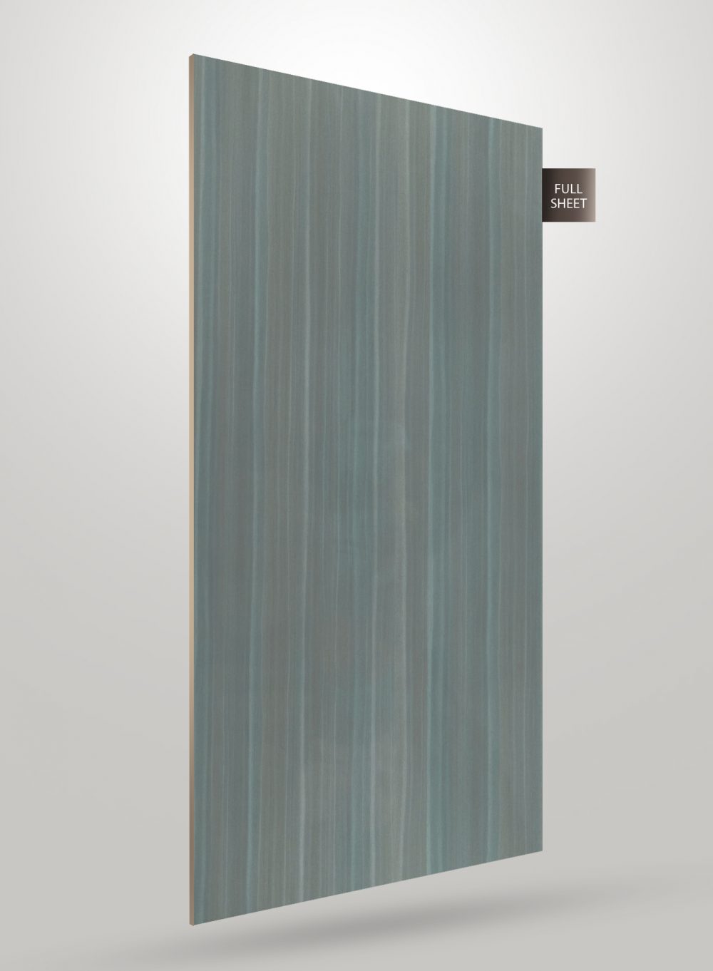 Green wood grain laminate sheet with glossy finish and vertical stripes, shown as full sheet with visible texture and sheen.