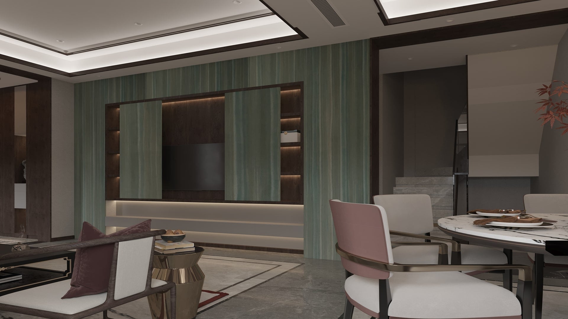 Green wood laminate wall with glossy finish in modern dining room interior with furniture and decorative elements