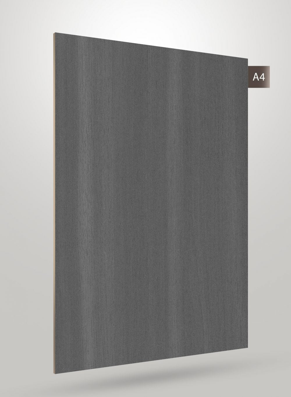 Grey wood grain decorative laminate with high gloss finish and visible wood texture on a rectangular sheet.