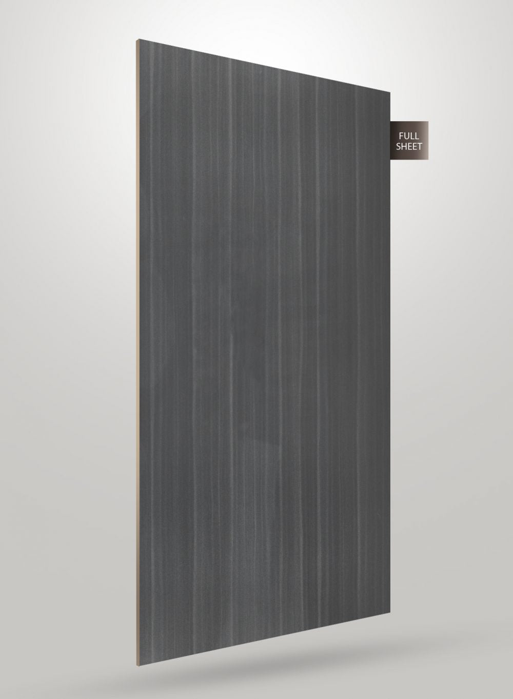 Grey wood laminate sheet with vertical grain and glossy finish, labeled full sheet on a white background.