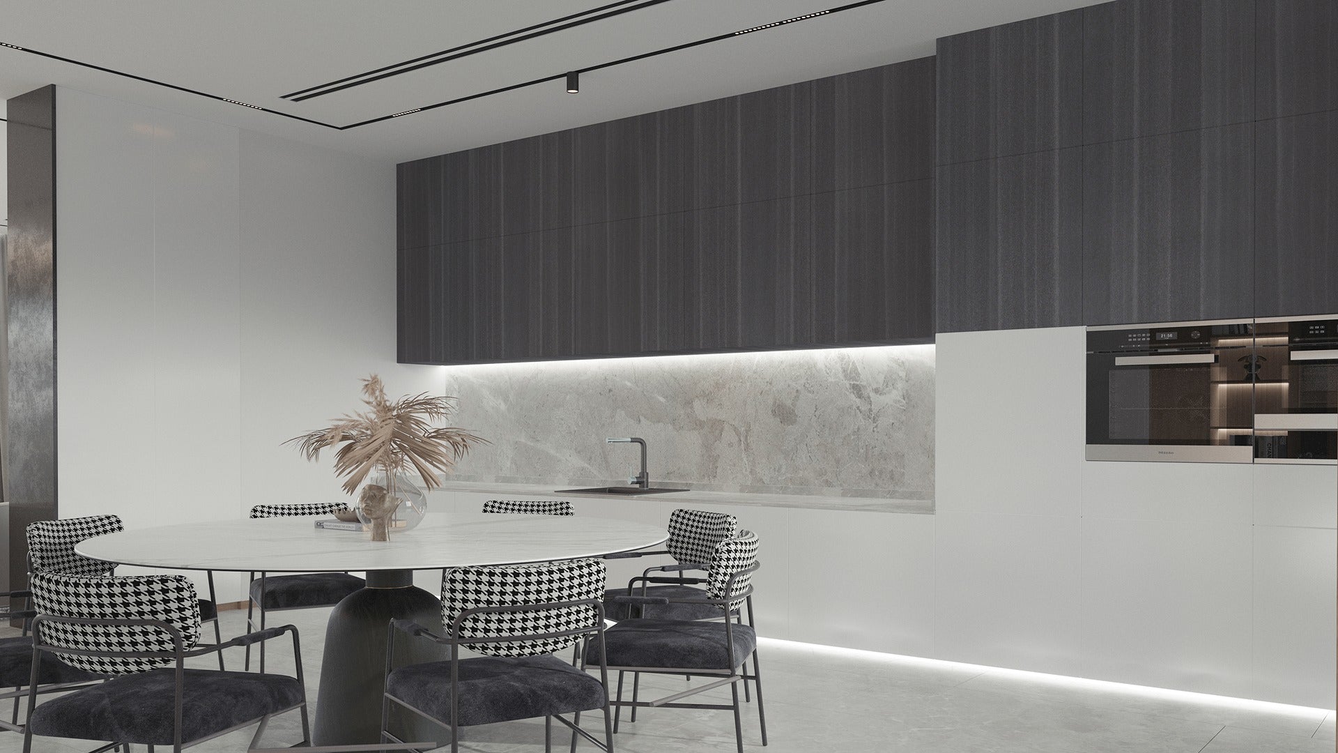 Grey wood laminate with glossy finish on kitchen cabinets showing wood grain texture and vertical pattern.