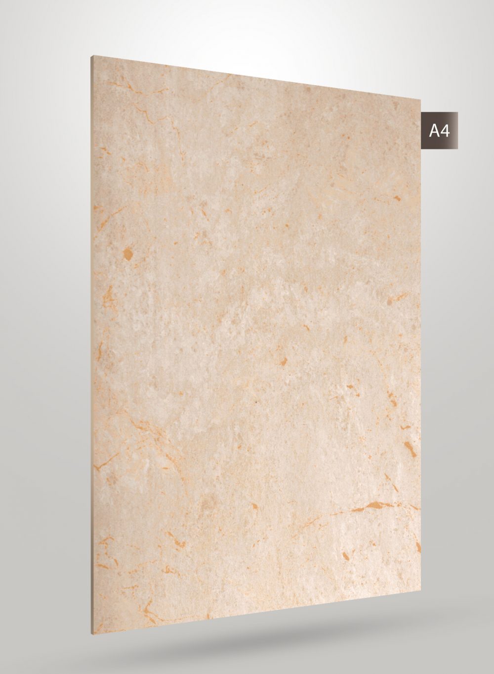 Beige marble laminate sheet with orange veining and glossy finish, angled to show texture and subtle sheen.
