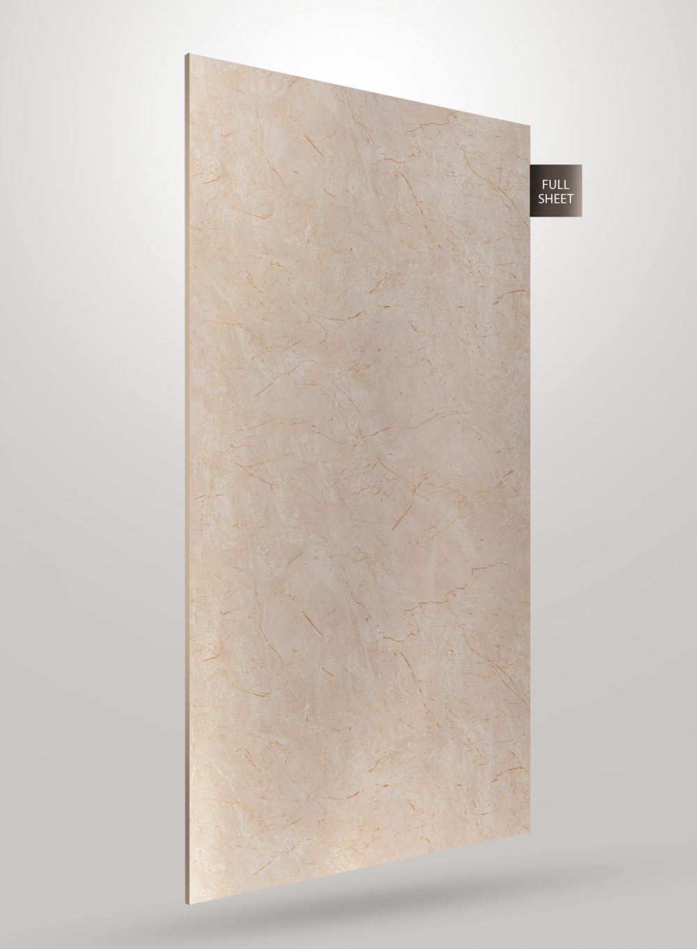 Beige marble laminate sheet with golden veins and glossy finish, displayed on a gray gradient background with full sheet