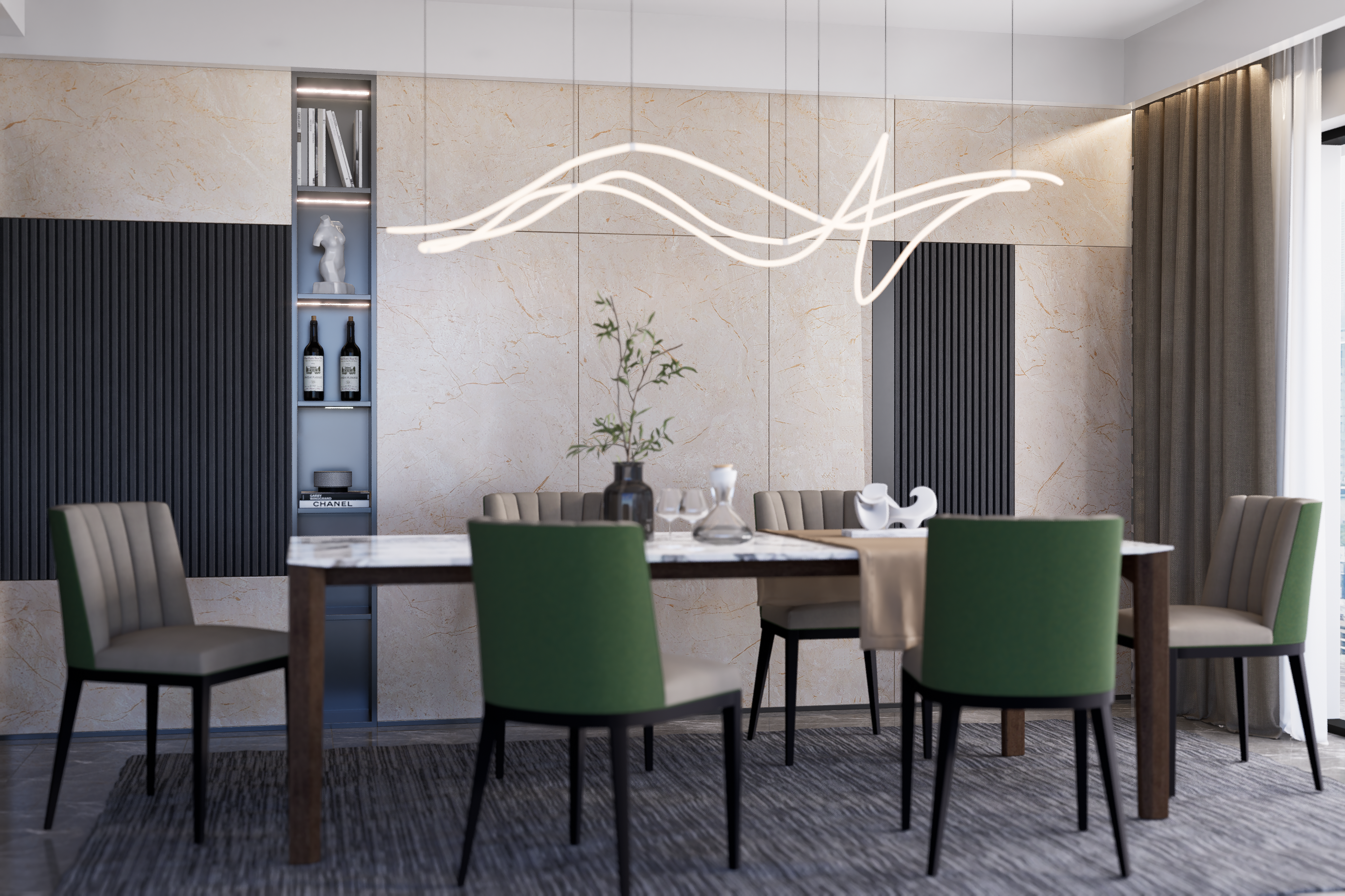 Beige marble laminate wall with gold veining in modern dining room with table and chairs and decorative lighting fixture