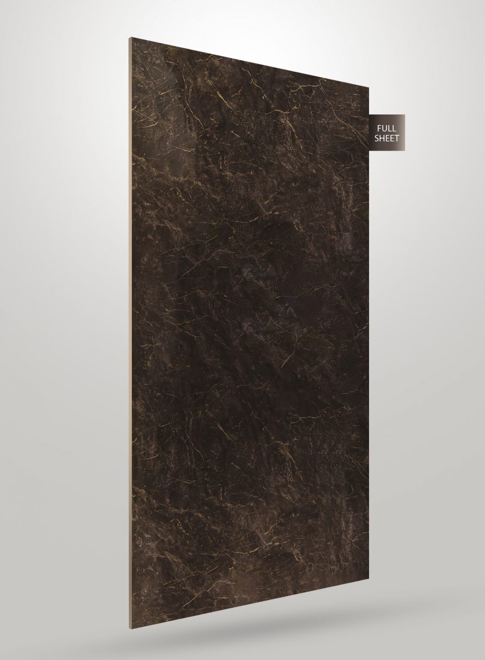 Brown marble laminate sheet with gold veining and glossy finish, displayed at an angle with full sheet label.