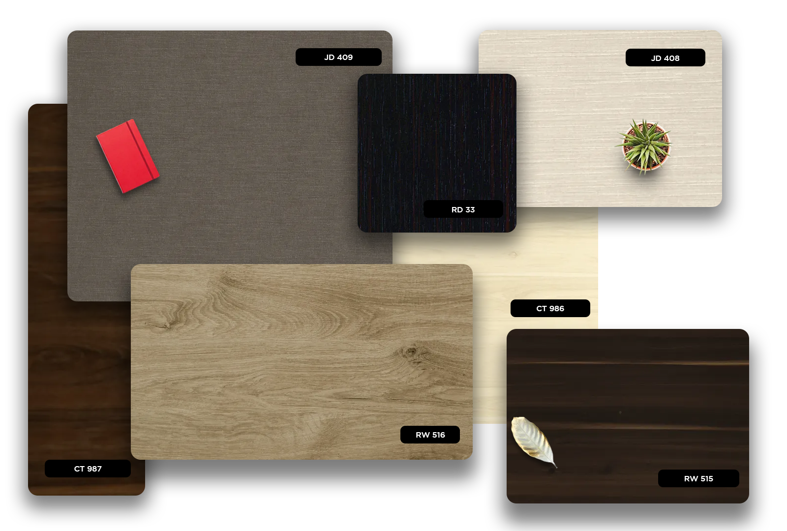 Brown wood grain decorative laminate with matte finish and visible wood texture, labeled CT 986, showcasing various design