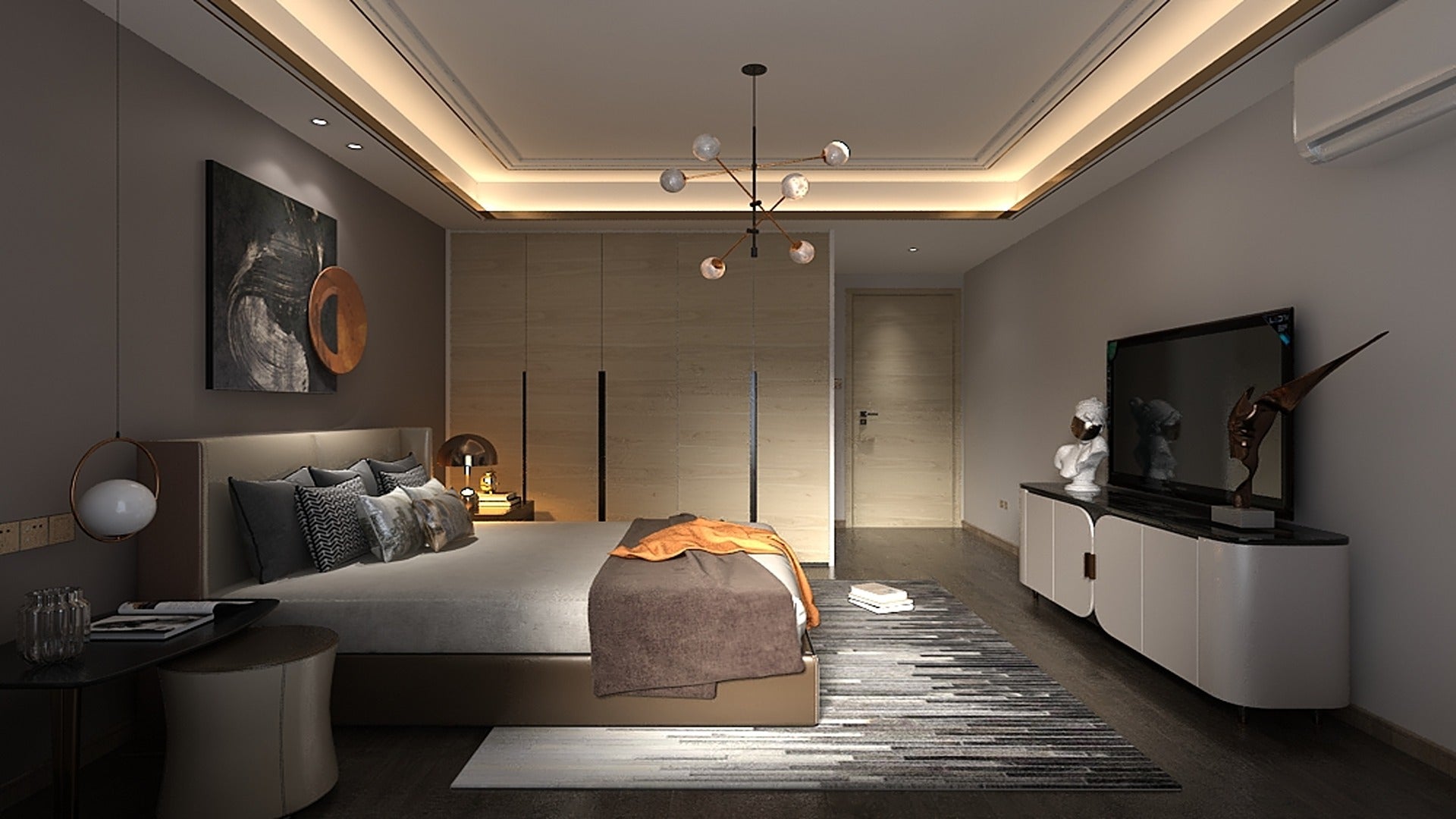 Brown wood laminate wall in modern bedroom with gray bedding and decorative accents under warm ceiling lighting.