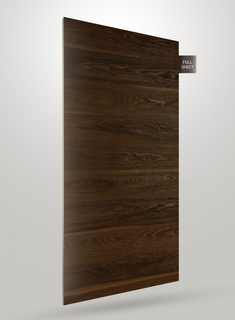 Dark brown wood grain decorative laminate sheet with matte finish and visible wood texture and grain pattern.