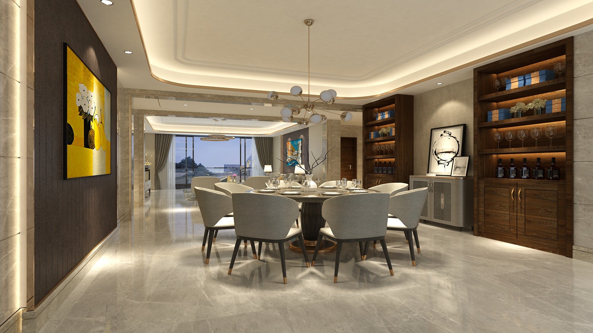 Dark wood laminate wall and shelving units in modern dining room with table, chairs and decorative artwork.